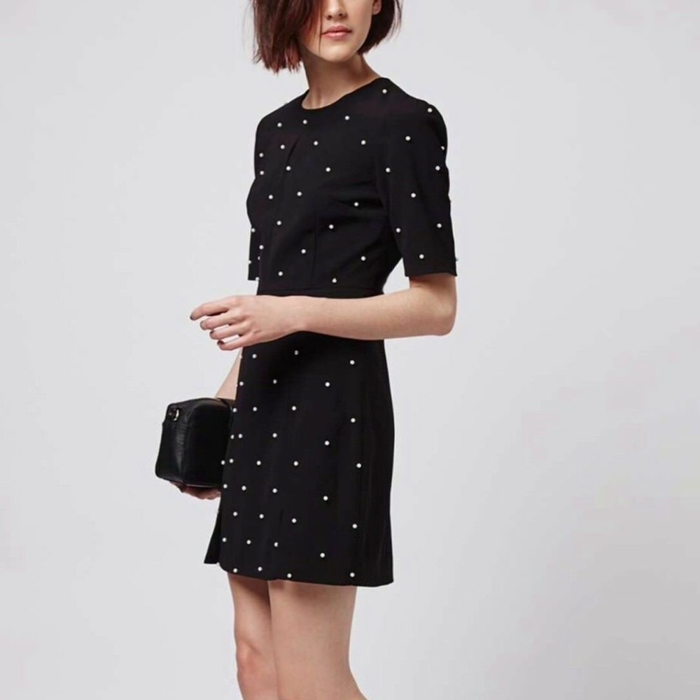 Topshop Black Pearl Embellished Dress, Size 4